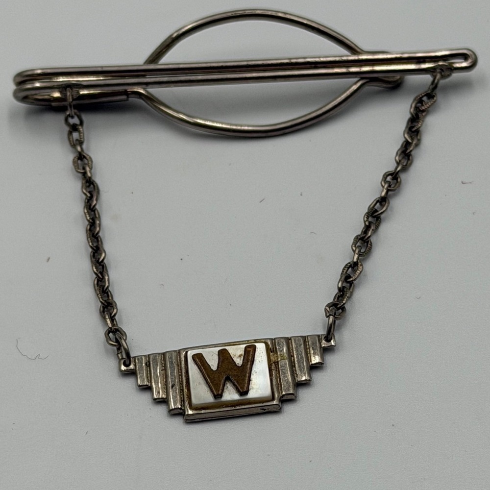 Vintage Art Deco Silver Tone Monogram W Tie Clip Chain Geometric Men Accessory